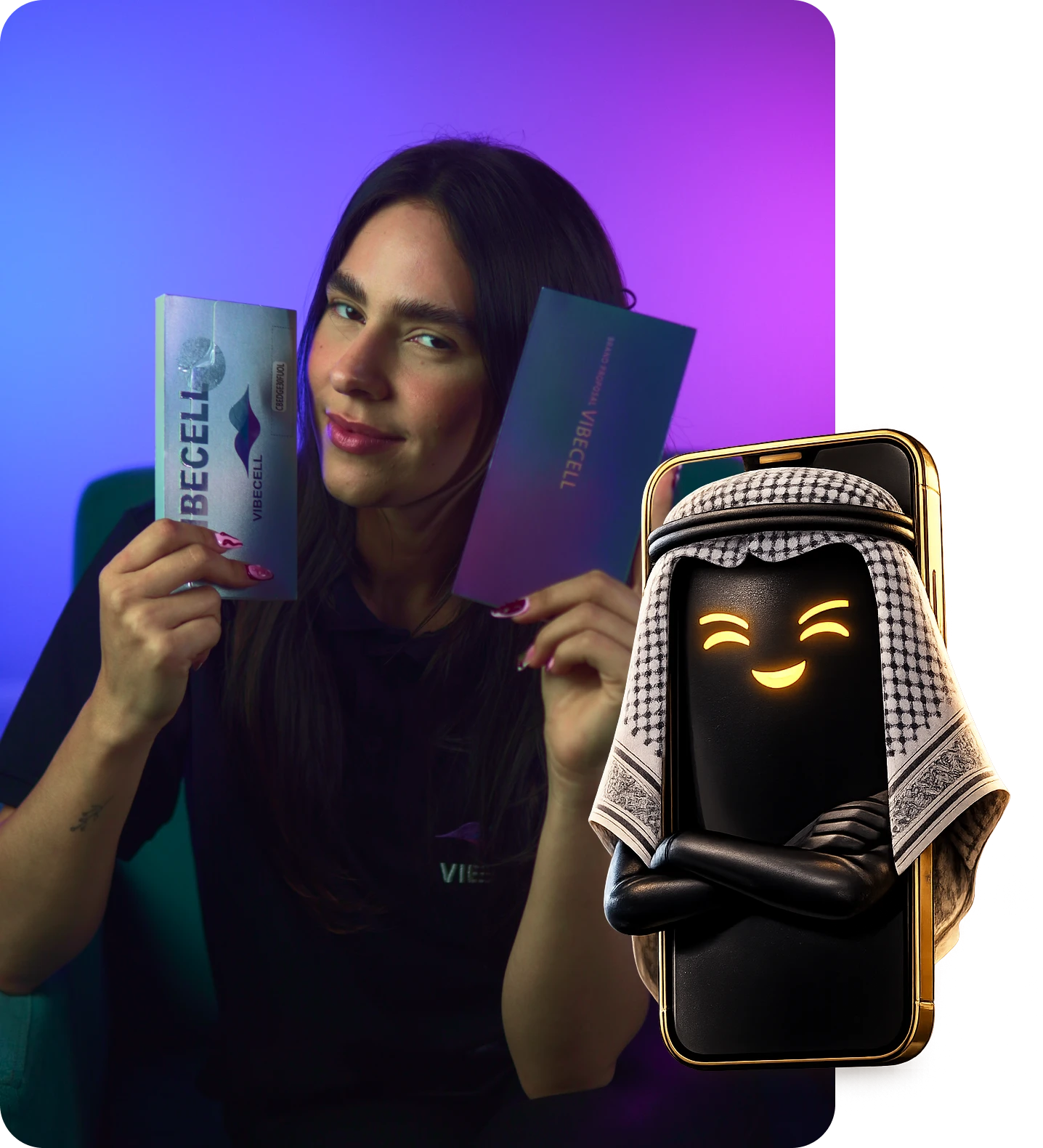 Apresentadora Vibe exibindo as linhas de telas ao lado do mascote da marca